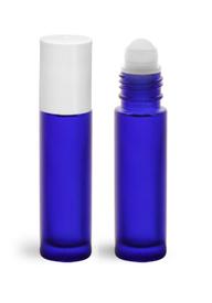Cobalt Blue 10 ml. Glass Roll-On Bottle with White Cap